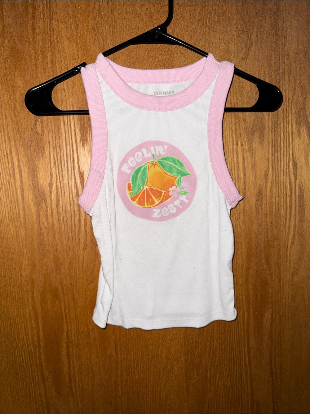 Old Navy White Tank Top with Pink Trim & Orange Graphic